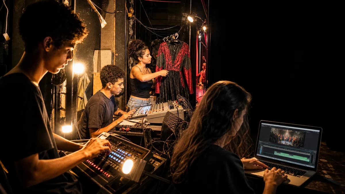 Jovens trabalhando nos bastidores de uma produção cultural
