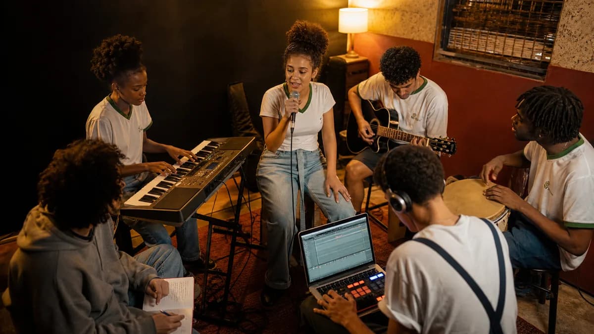 Estudantes criando música em grupo